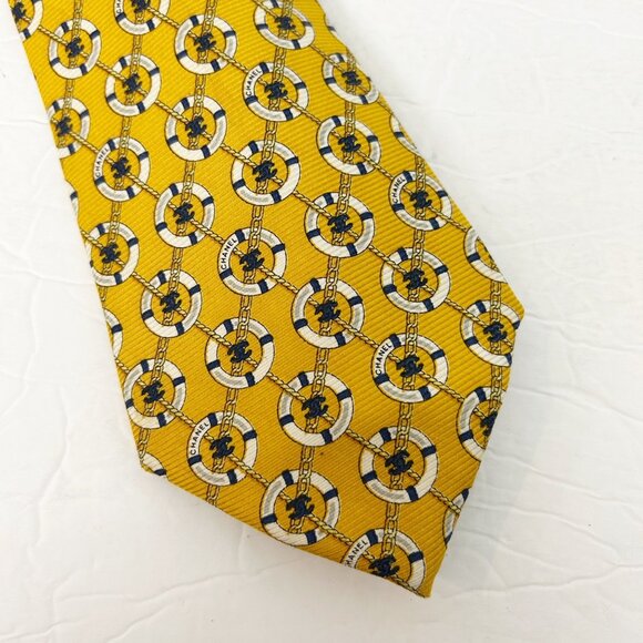 Chanel Paris Men’s Silk Tie Yellow & Blue Life Preserver & Logo - Picture 1 of 5